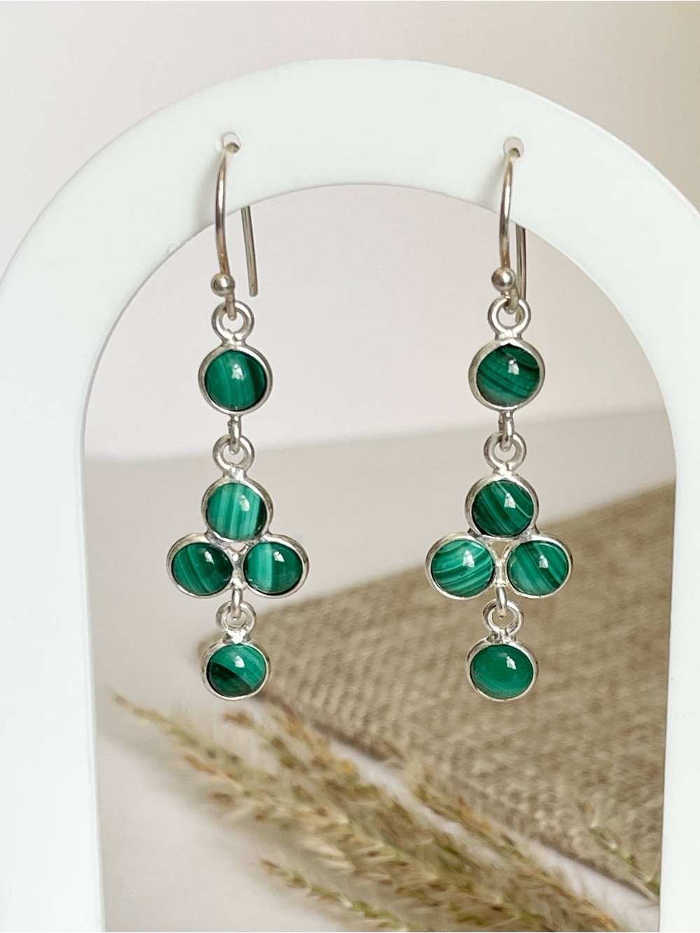 925 Sterling Silver Natural Malachite Dangle Earrings, Easy on Ears! (1.75”)